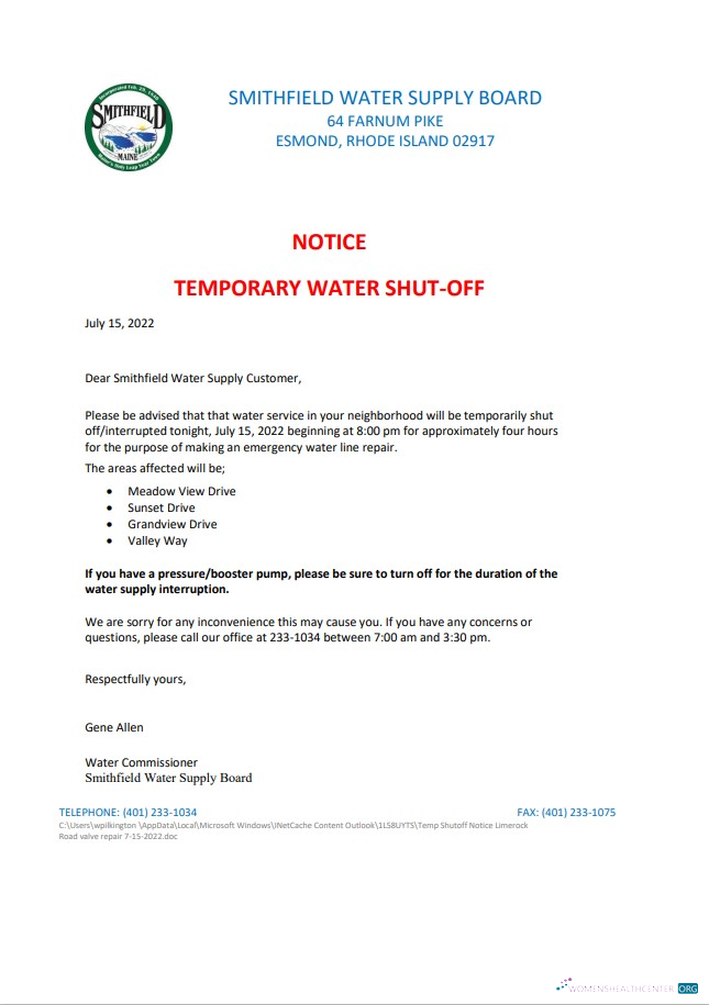 download USA Rhode Island Smithfield water supply board water shut off notice, Word and PDF template PDF template